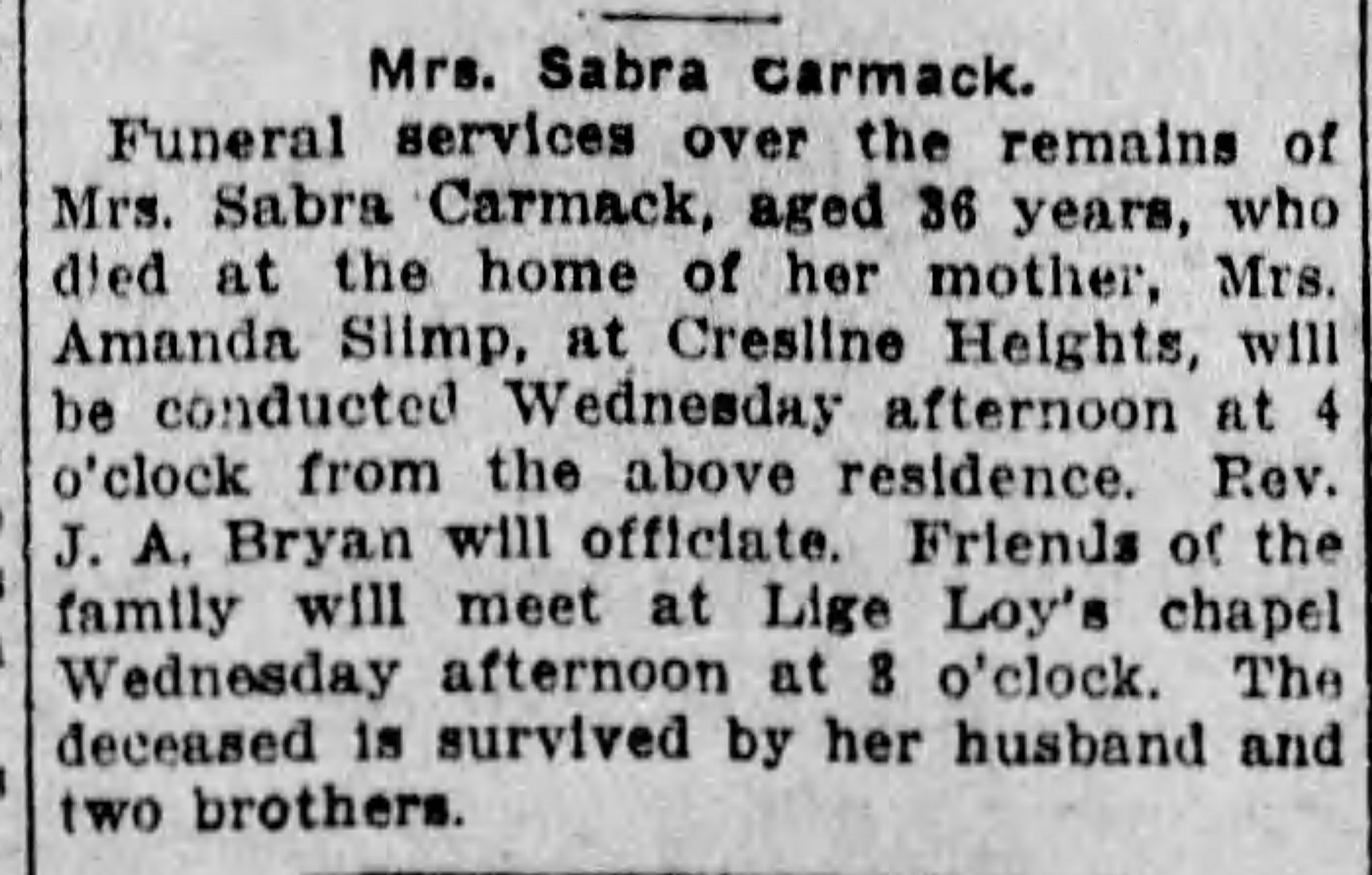 Sabra Carmack obituary